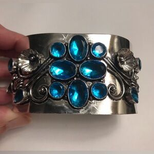 Blue Topaz Stamped Solid 925 Sterling Silver Cuff Bracelet
